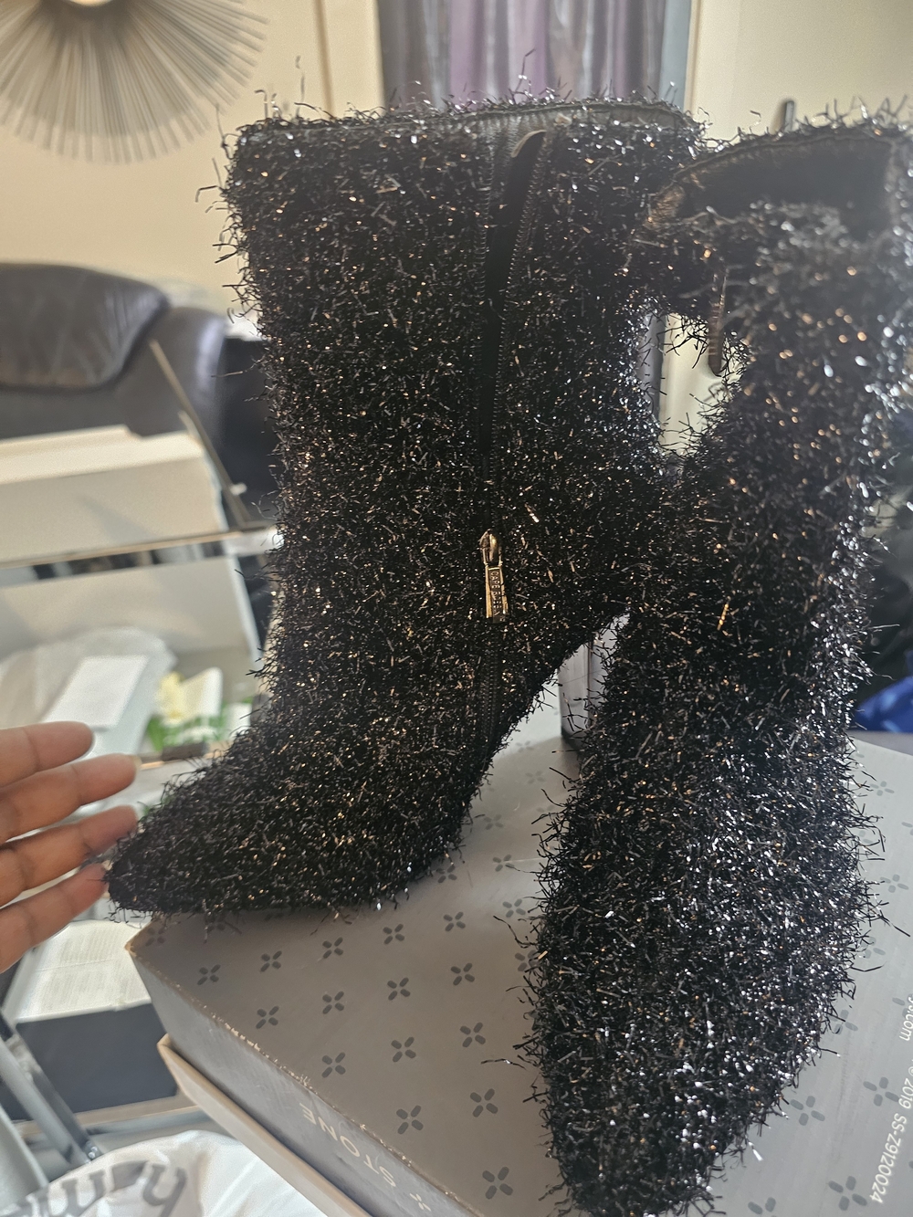 Black Sparkle Tinsel Ankle Boots